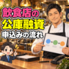 飲食店の公庫融資の申込みを準備する架空の40代男性料理人。工程図と資料を持つイラスト。