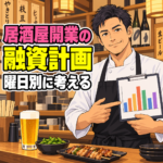 居酒屋の融資計画を曜日別に考える架空の40代男性料理人。売上表を確認するアニメ風イラスト。