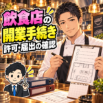 飲食店の開業手続きを準備する40代の料理人。許可・届出のチェックリストと厨房の図面を確認するイラスト。