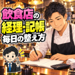 飲食店の経理・記帳を考える40歳の男性料理人のイラスト