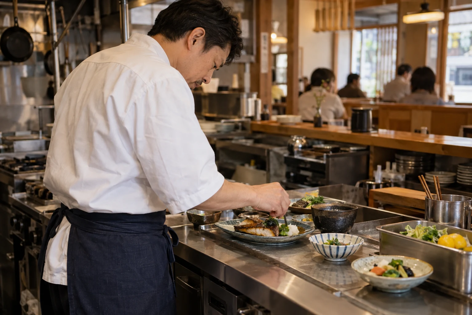 厨房で料理の仕上げをする飲食店の店主