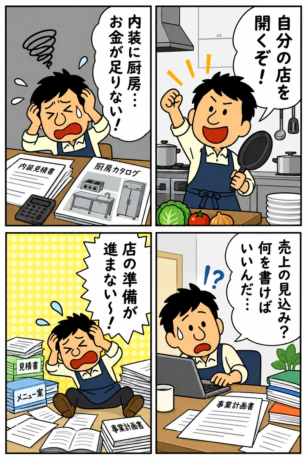 自分の店を開きたい店主が、内装・厨房の資金不足と事業計画書に悩み、店の準備が進まない4コマ漫画
